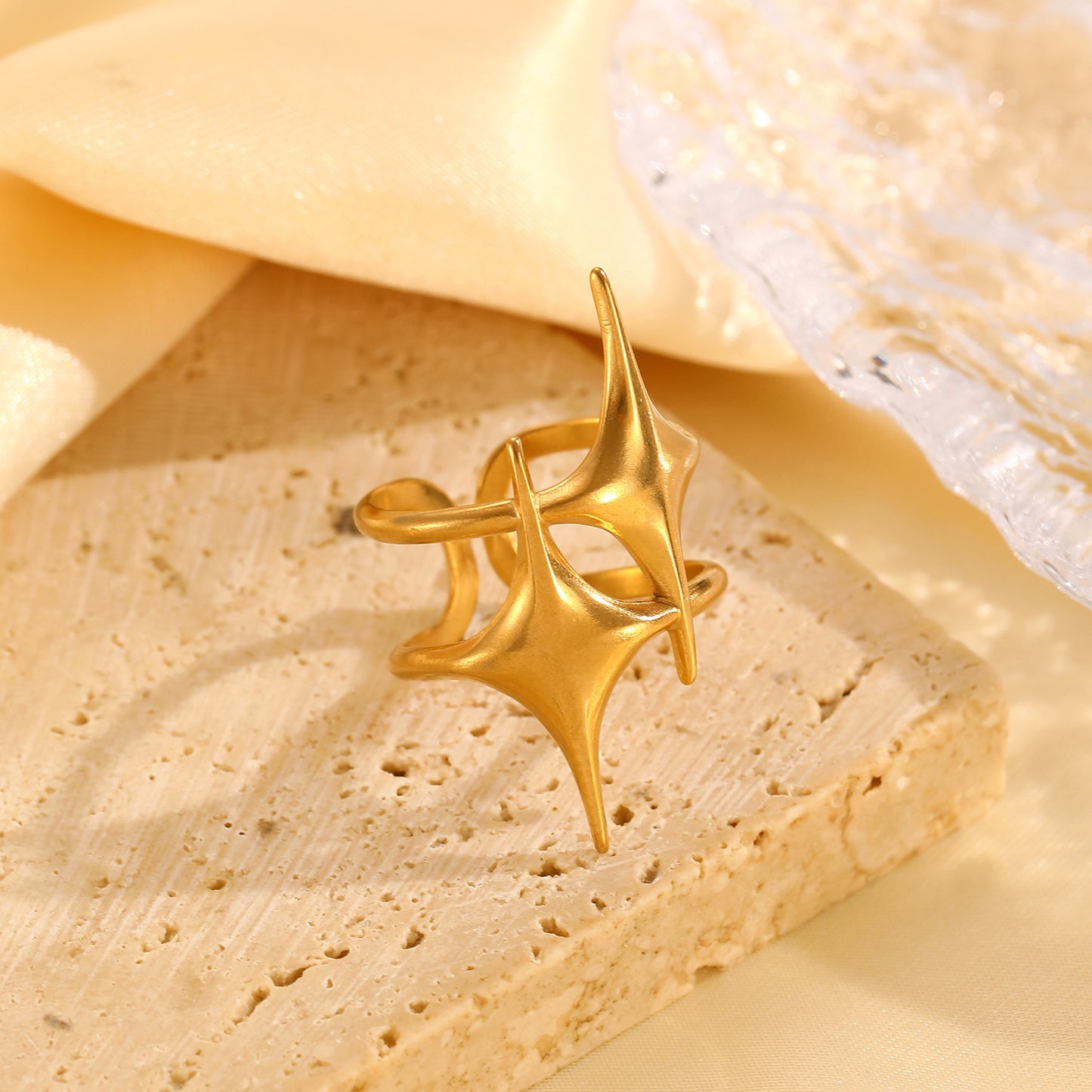 Hip-Hop Star Open Ring For Women In 304 Stainless Steel With Gold Finish, Perfect For Summer Wear