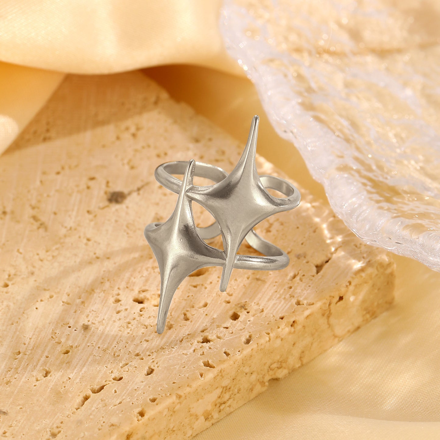 Hip-Hop Star Open Ring For Women In 304 Stainless Steel With Gold Finish, Perfect For Summer Wear