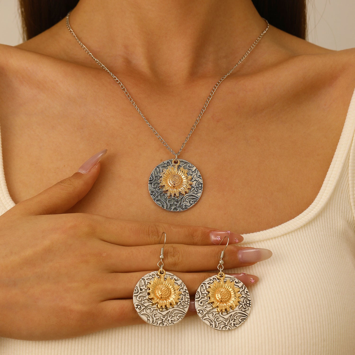 Bohemian Sunflower Jewelry Set For Unisex, Electroplated Alloy With KC Golden Plated Finish