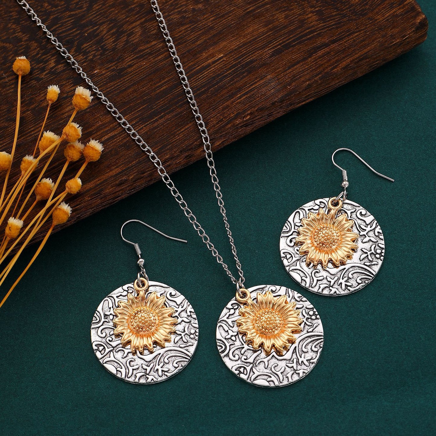 Bohemian Sunflower Jewelry Set For Unisex, Electroplated Alloy With KC Golden Plated Finish