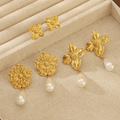 Flowers Stud Earrings For Women Featuring KC Golden Plated Metal With 304 Stainless Steel Ear Pins And Artificial Pearl Inlay
