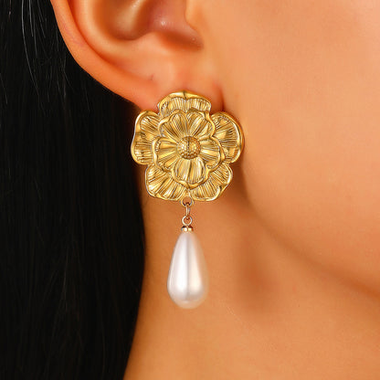 Flowers Stud Earrings For Women Featuring KC Golden Plated Metal With 304 Stainless Steel Ear Pins And Artificial Pearl Inlay