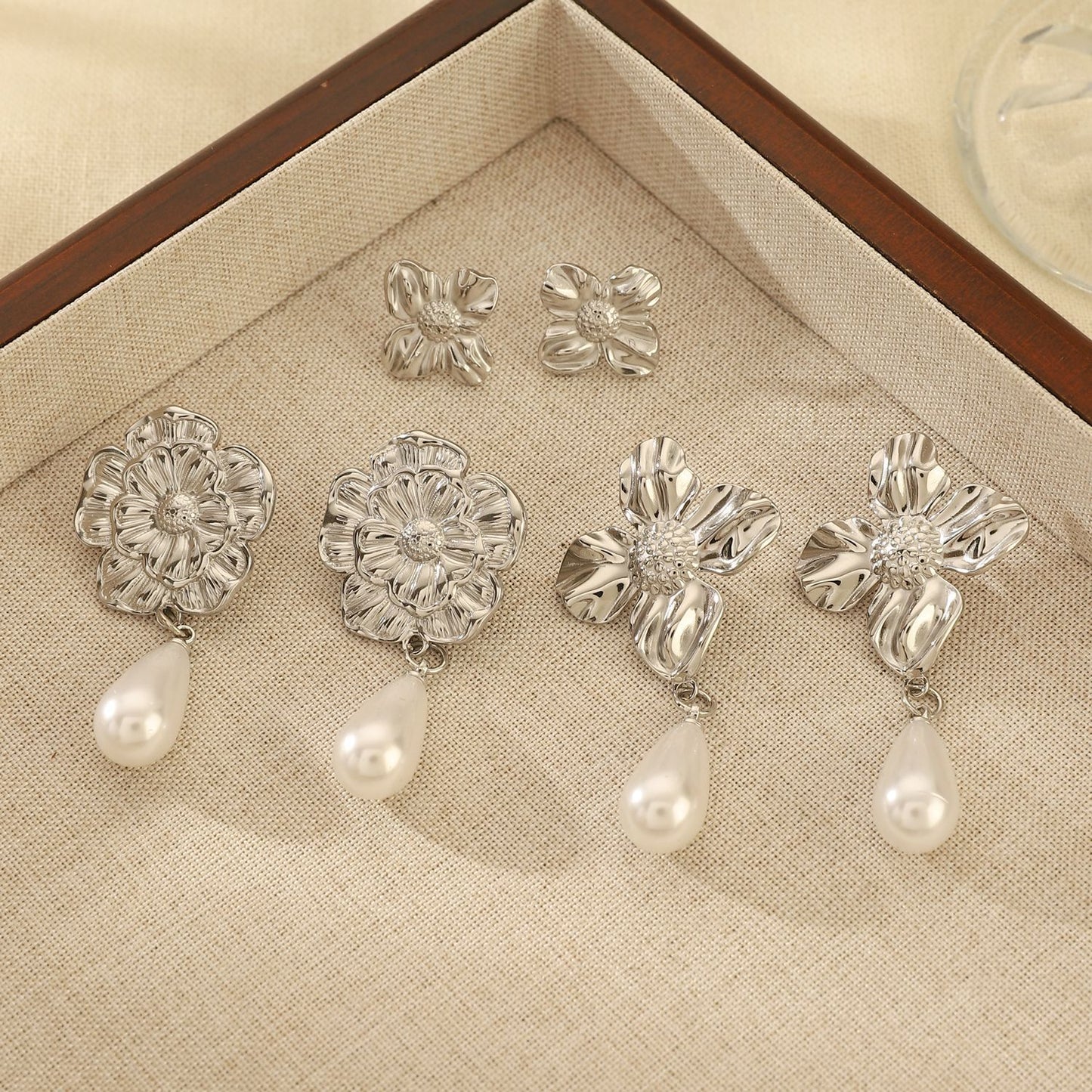 Flowers Stud Earrings For Women Featuring KC Golden Plated Metal With 304 Stainless Steel Ear Pins And Artificial Pearl Inlay