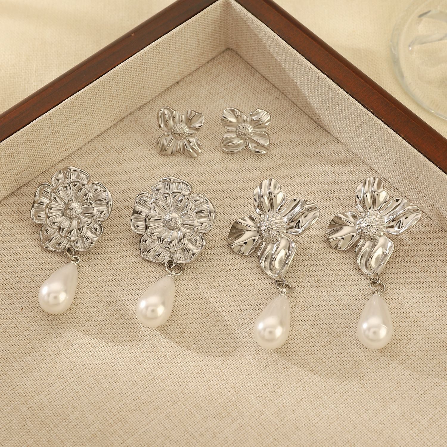 Flowers Stud Earrings For Women Featuring KC Golden Plated Metal With 304 Stainless Steel Ear Pins And Artificial Pearl Inlay