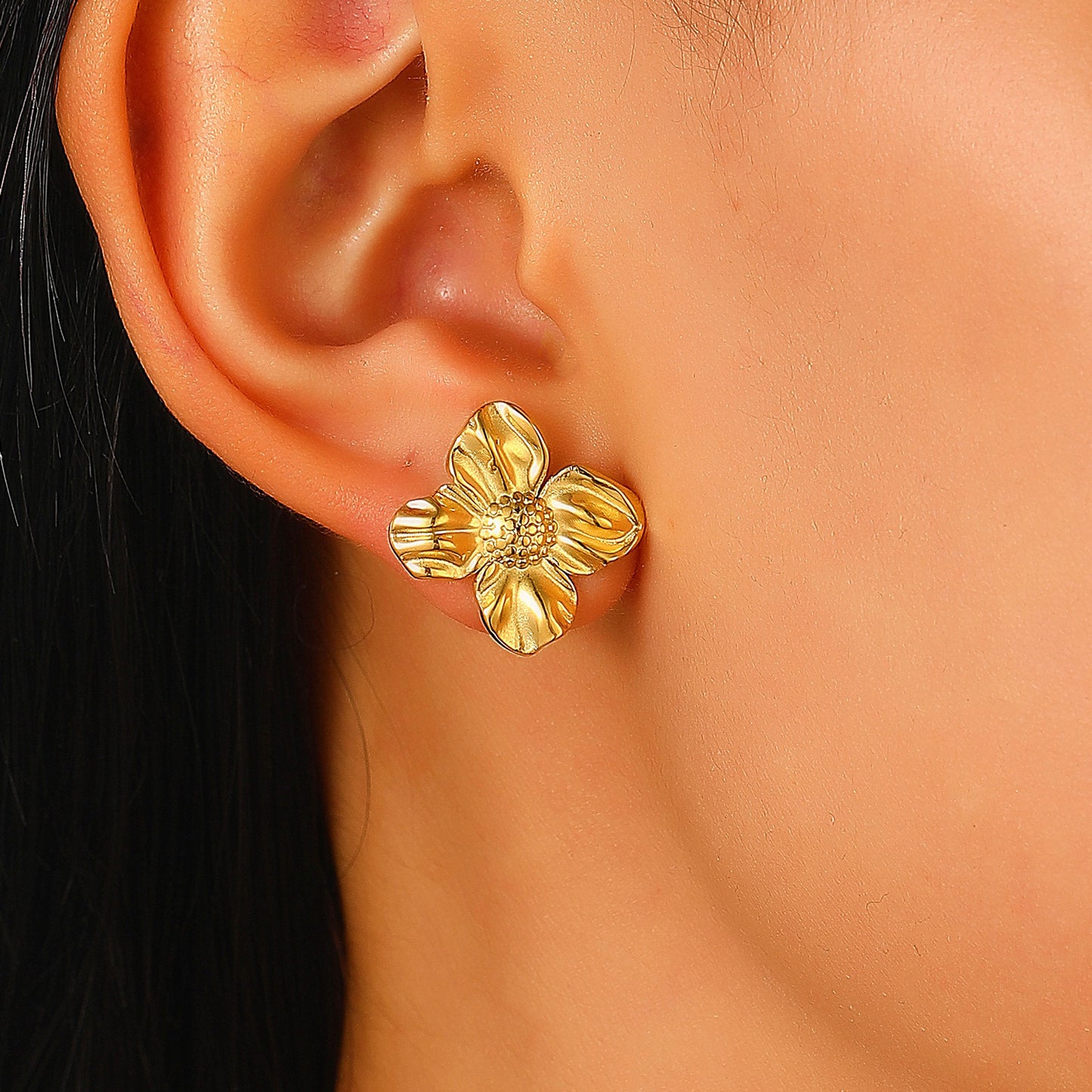 Flowers Stud Earrings For Women Featuring KC Golden Plated Metal With 304 Stainless Steel Ear Pins And Artificial Pearl Inlay