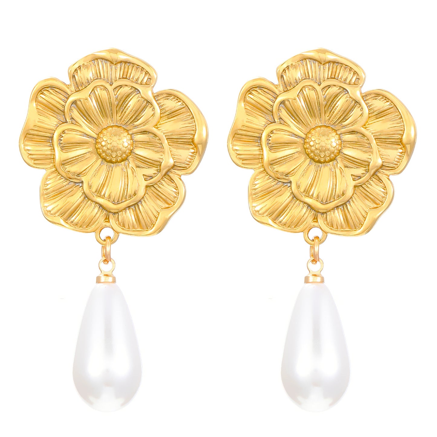 Flowers Stud Earrings For Women Featuring KC Golden Plated Metal With 304 Stainless Steel Ear Pins And Artificial Pearl Inlay