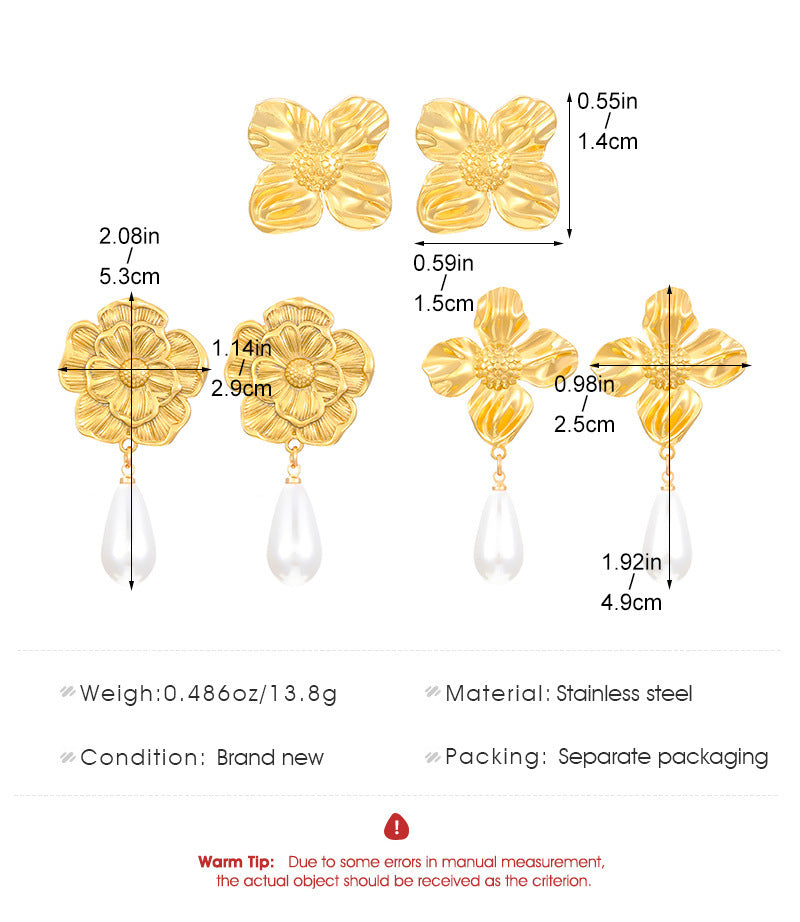 Flowers Stud Earrings For Women Featuring KC Golden Plated Metal With 304 Stainless Steel Ear Pins And Artificial Pearl Inlay