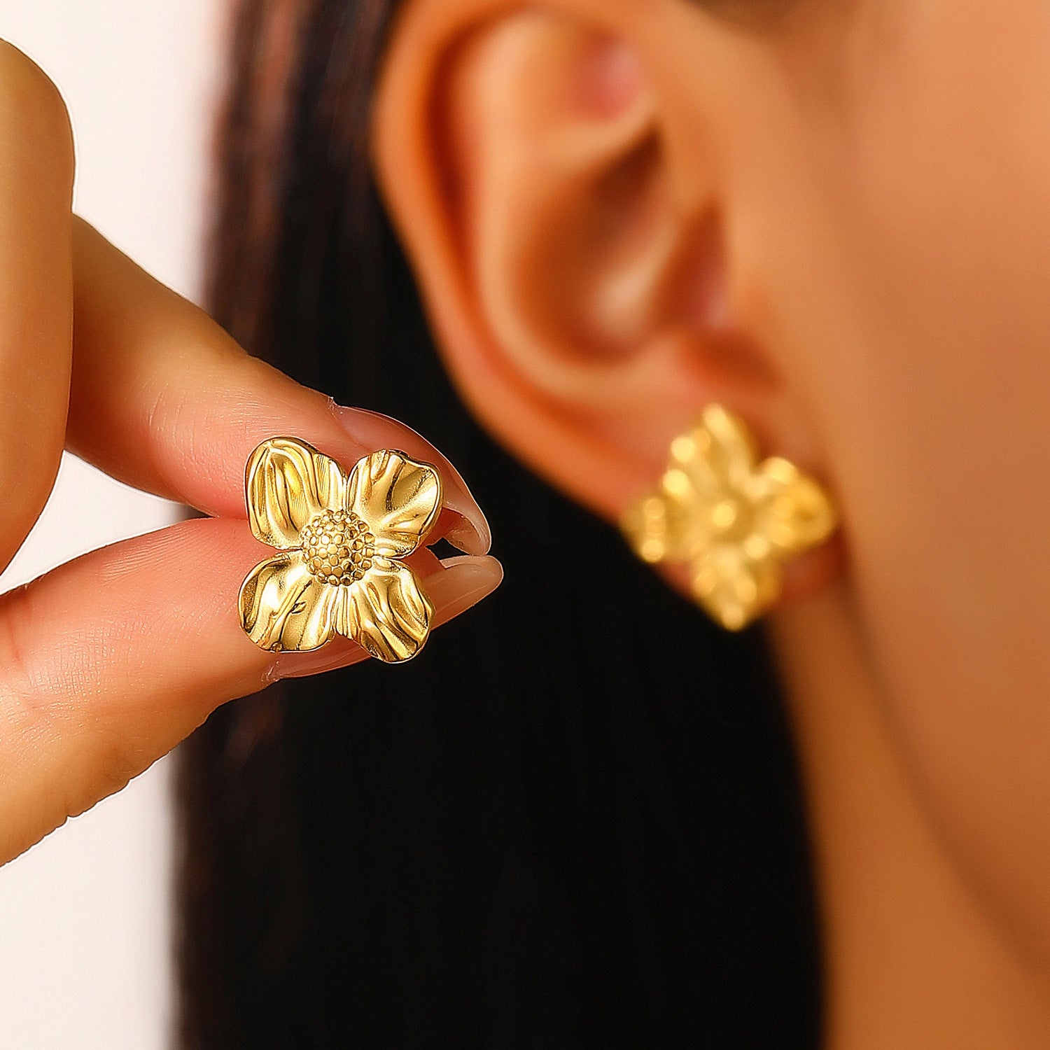 Flowers Stud Earrings For Women Featuring KC Golden Plated Metal With 304 Stainless Steel Ear Pins And Artificial Pearl Inlay