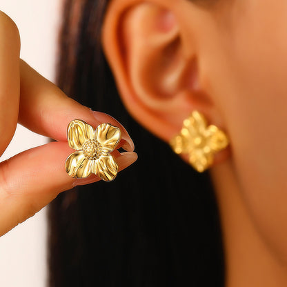 Flowers Stud Earrings For Women Featuring KC Golden Plated Metal With 304 Stainless Steel Ear Pins And Artificial Pearl Inlay