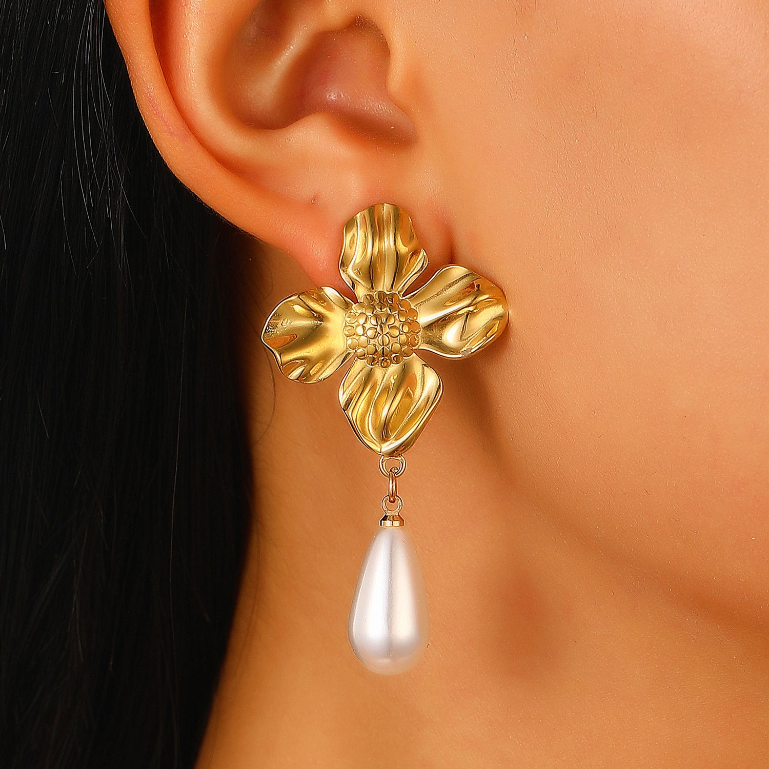Flowers Stud Earrings For Women Featuring KC Golden Plated Metal With 304 Stainless Steel Ear Pins And Artificial Pearl Inlay