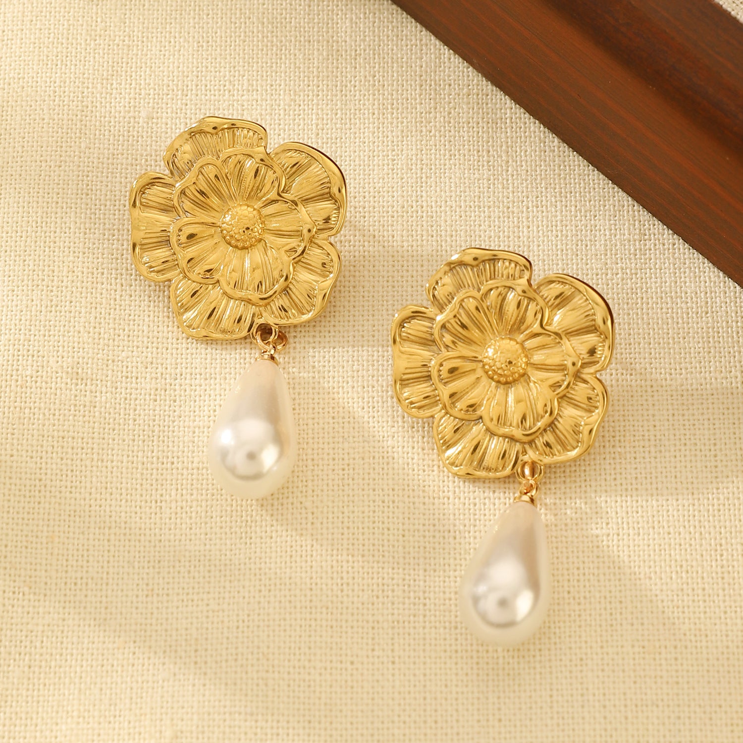 Flowers Stud Earrings For Women Featuring KC Golden Plated Metal With 304 Stainless Steel Ear Pins And Artificial Pearl Inlay