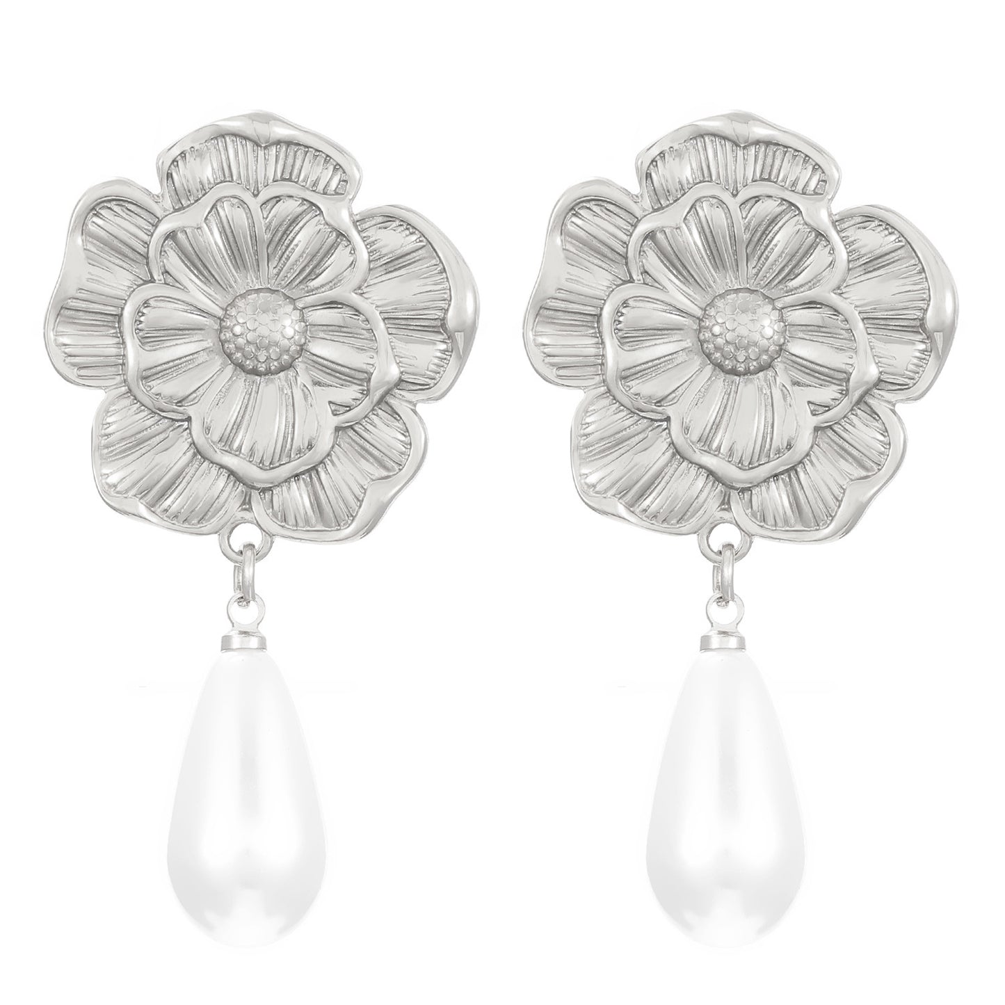 Flowers Stud Earrings For Women Featuring KC Golden Plated Metal With 304 Stainless Steel Ear Pins And Artificial Pearl Inlay