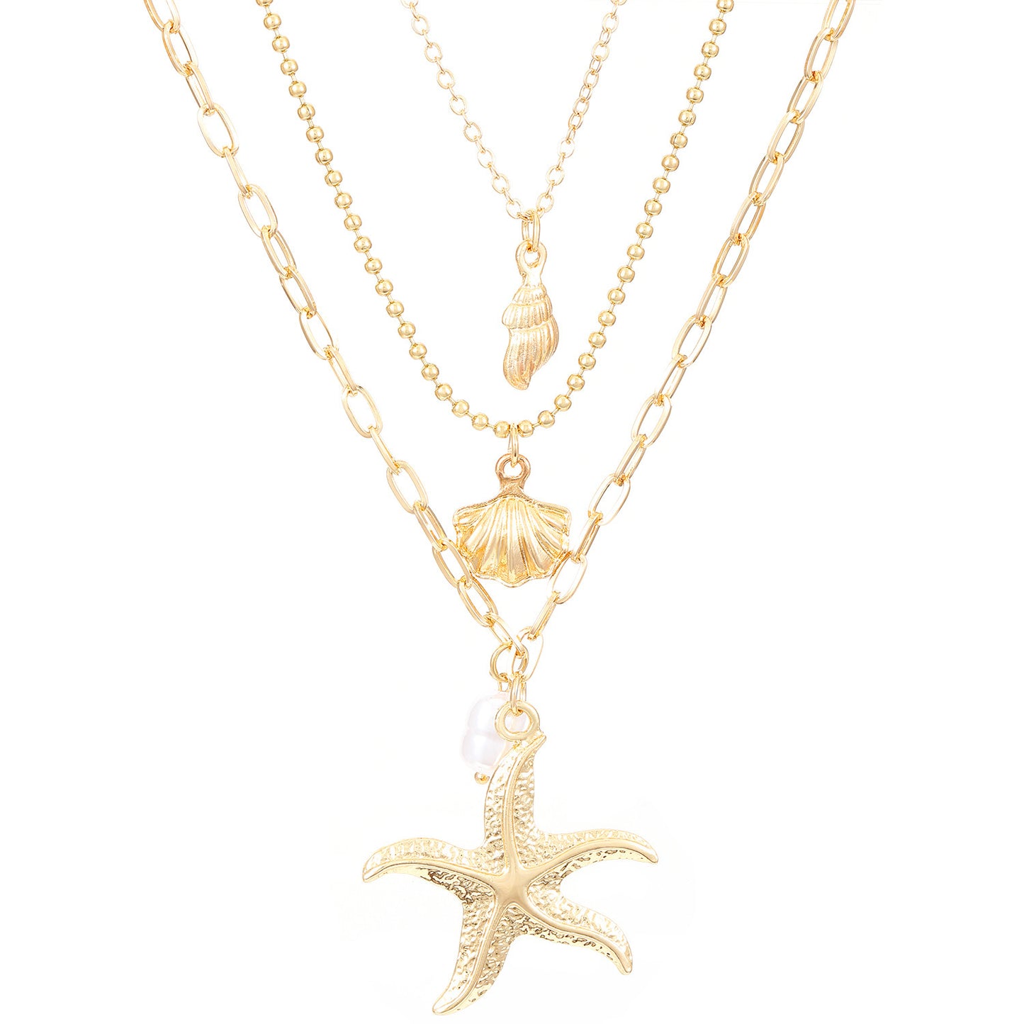 Retro Three Layer Shell Necklace For Women In Gold Featuring KC Golden Plated Alloy Pendant