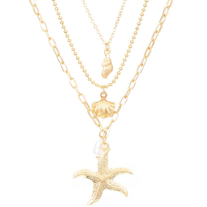 Retro Three Layer Shell Necklace For Women In Gold Featuring KC Golden Plated Alloy Pendant