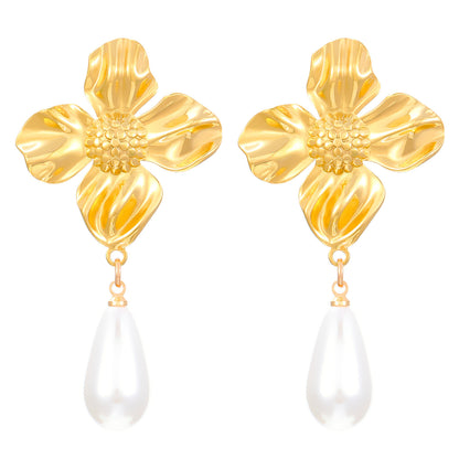 Flowers Stud Earrings For Women Featuring KC Golden Plated Metal With 304 Stainless Steel Ear Pins And Artificial Pearl Inlay