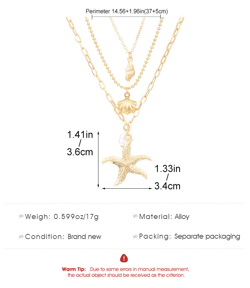 Retro Three Layer Shell Necklace For Women In Gold Featuring KC Golden Plated Alloy Pendant