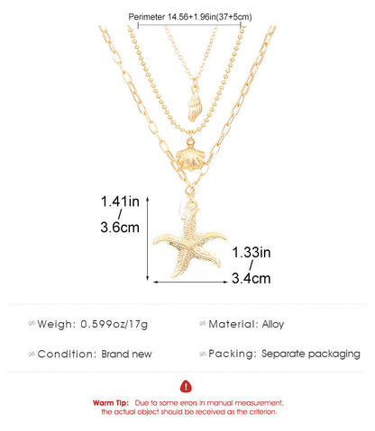 Retro Three Layer Shell Necklace For Women In Gold Featuring KC Golden Plated Alloy Pendant