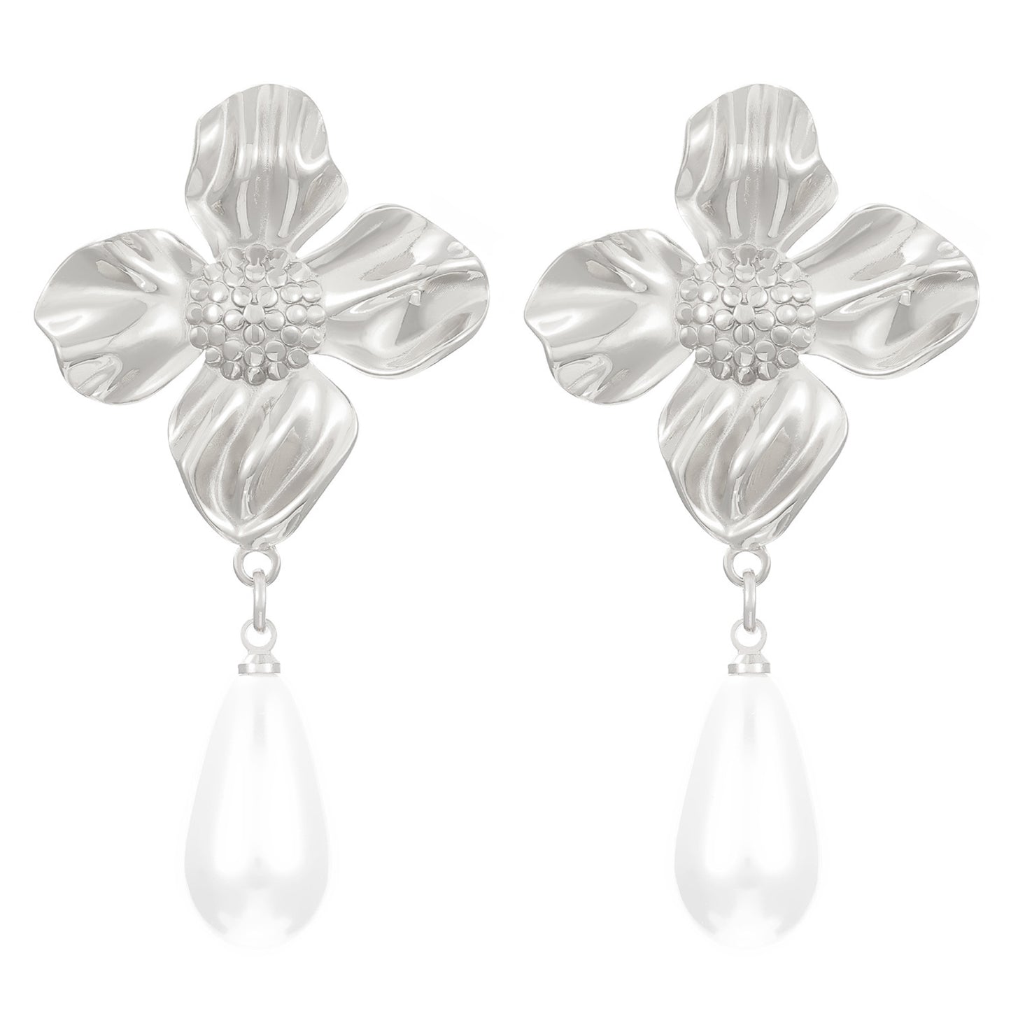 Flowers Stud Earrings For Women Featuring KC Golden Plated Metal With 304 Stainless Steel Ear Pins And Artificial Pearl Inlay