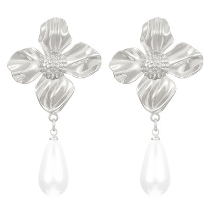 Flowers Stud Earrings For Women Featuring KC Golden Plated Metal With 304 Stainless Steel Ear Pins And Artificial Pearl Inlay
