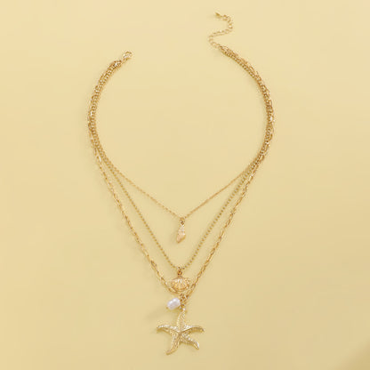 Retro Three Layer Shell Necklace For Women In Gold Featuring KC Golden Plated Alloy Pendant