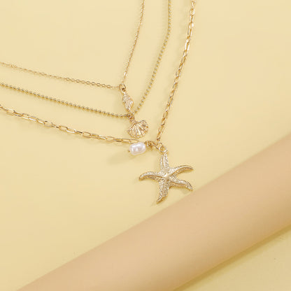 Retro Three Layer Shell Necklace For Women In Gold Featuring KC Golden Plated Alloy Pendant