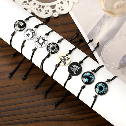 Moon Pattern Braid Rope Bracelets With Stone Pendant For Couples In White