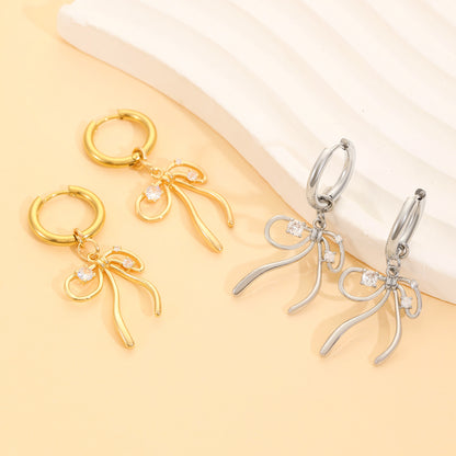 Sweet Silver Bow Tie Stud Earrings For Women With Copper Posts And Zircon Inlay
