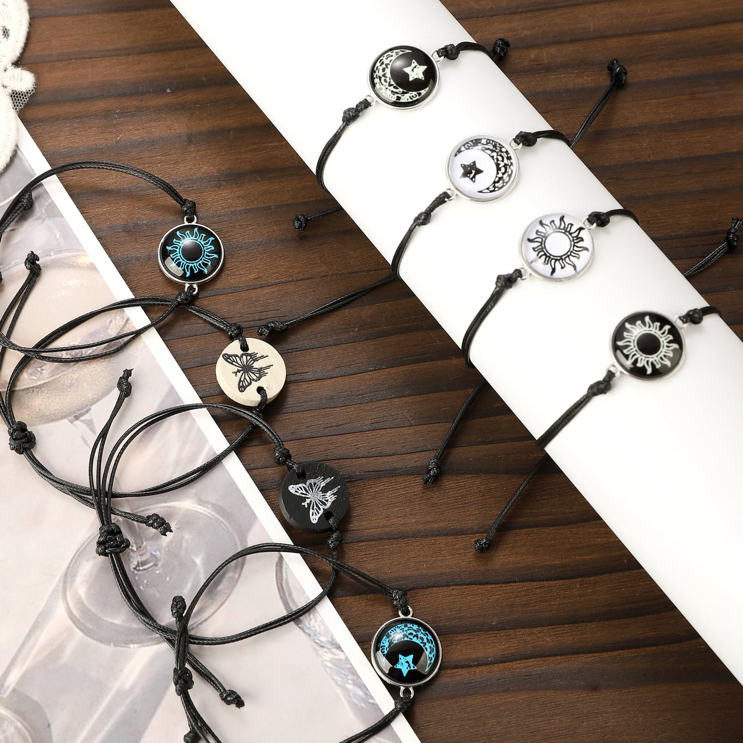 Moon Pattern Braid Rope Bracelets With Stone Pendant For Couples In White