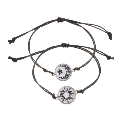 Moon Pattern Braid Rope Bracelets With Stone Pendant For Couples In White