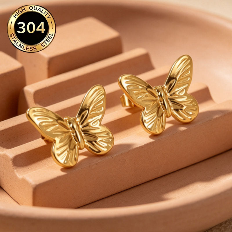 Butterfly Hypoallergenic Stud Earrings In 18K Real Gold Plated 304 Stainless Steel With PVD Coated 0.03µm Thickness, Unisex