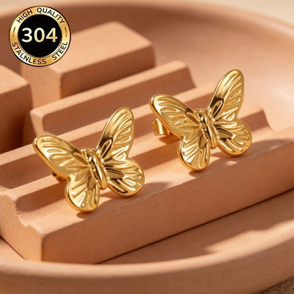 Butterfly Hypoallergenic Stud Earrings In 18K Real Gold Plated 304 Stainless Steel With PVD Coated 0.03µm Thickness, Unisex