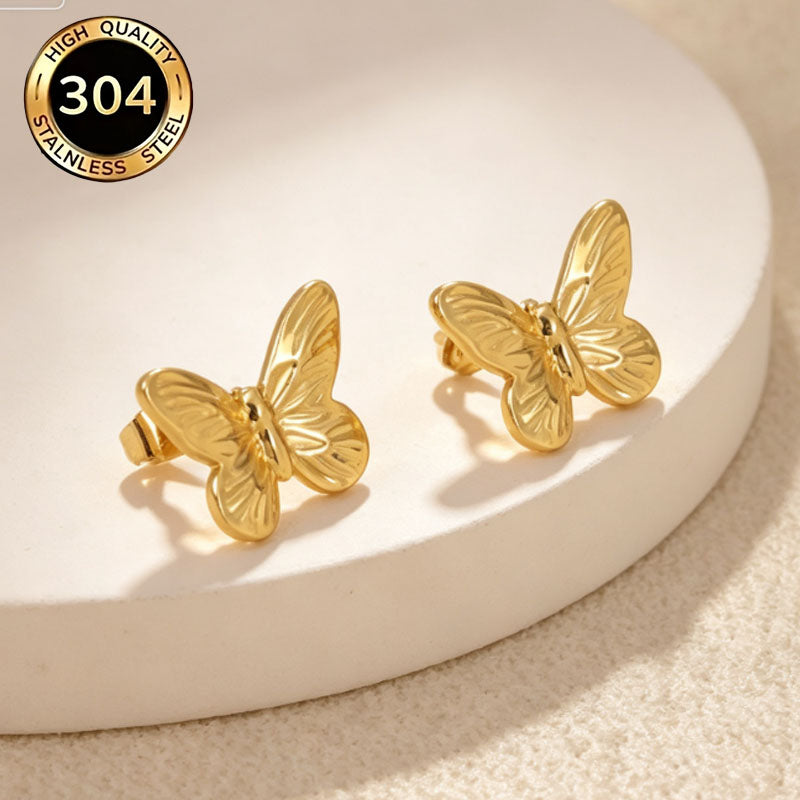 Butterfly Hypoallergenic Stud Earrings In 18K Real Gold Plated 304 Stainless Steel With PVD Coated 0.03µm Thickness, Unisex