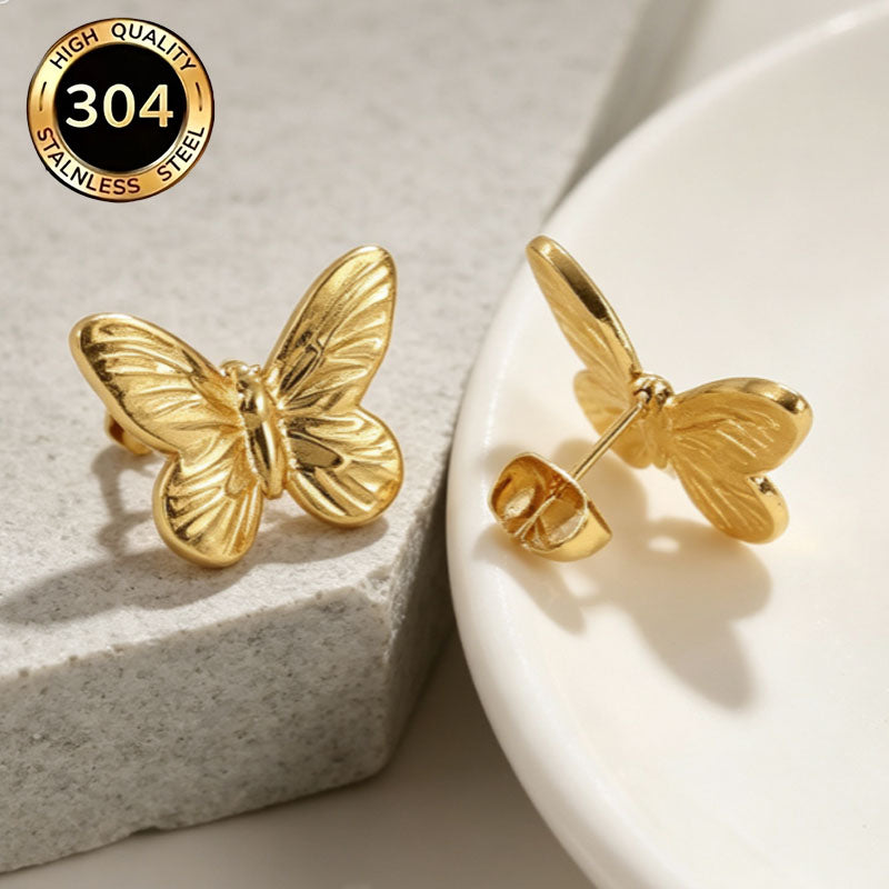 Butterfly Hypoallergenic Stud Earrings In 18K Real Gold Plated 304 Stainless Steel With PVD Coated 0.03µm Thickness, Unisex