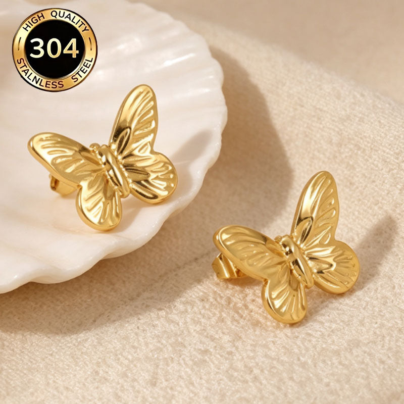 Butterfly Hypoallergenic Stud Earrings In 18K Real Gold Plated 304 Stainless Steel With PVD Coated 0.03µm Thickness, Unisex