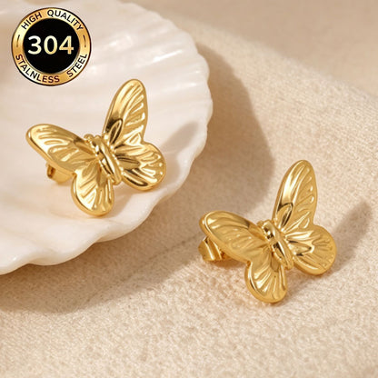 Butterfly Hypoallergenic Stud Earrings In 18K Real Gold Plated 304 Stainless Steel With PVD Coated 0.03µm Thickness, Unisex