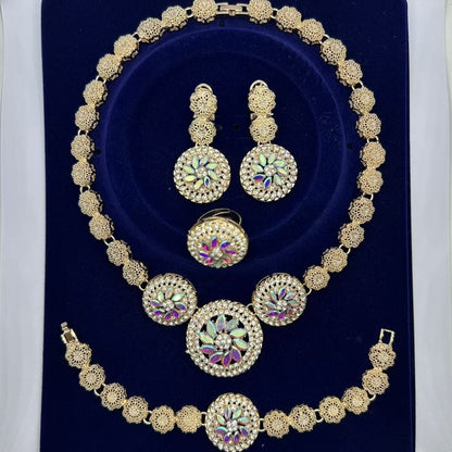 Luxurious Women’s Jewelry Set Featuring Plant Pattern With Electroplated Alloy And Glass Inlay