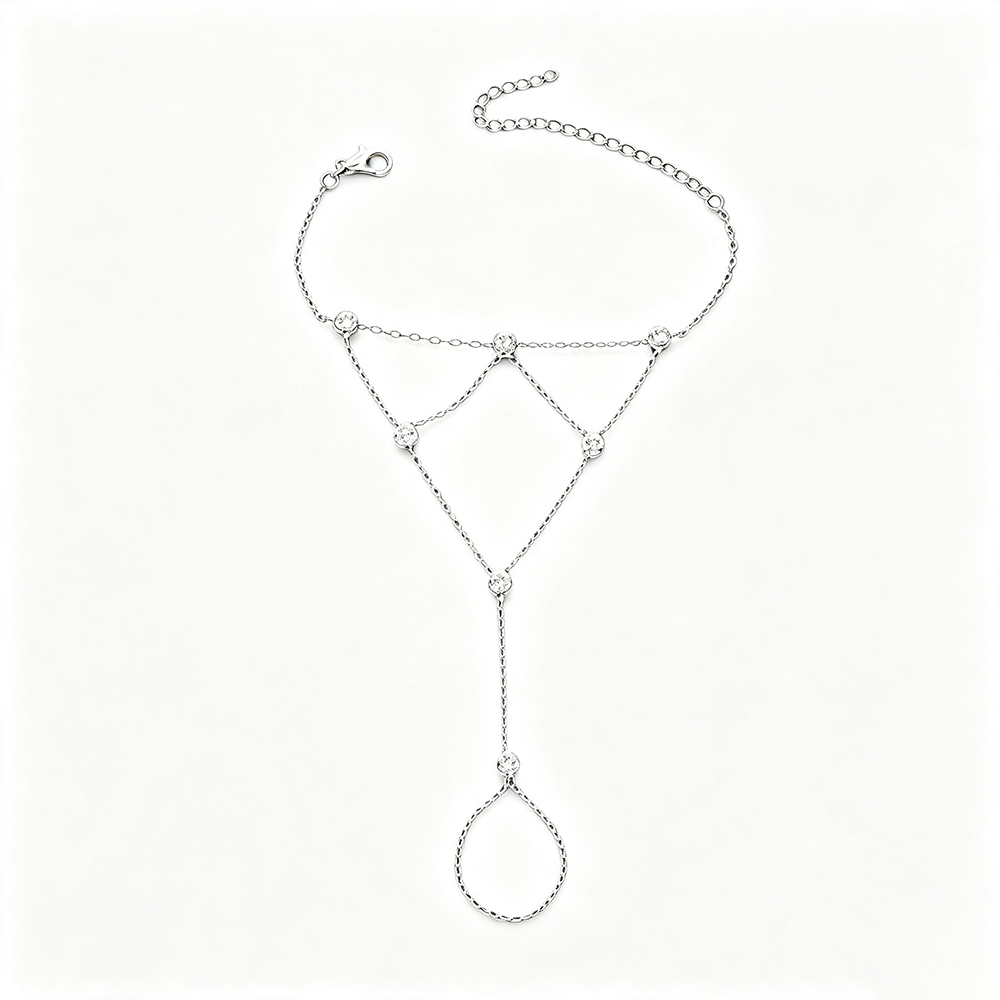 Trillion-cut Bohemian Hand Chain Bracelet For Women With Claw Setting In Silver Plated Zinc Alloy And Rhinestones