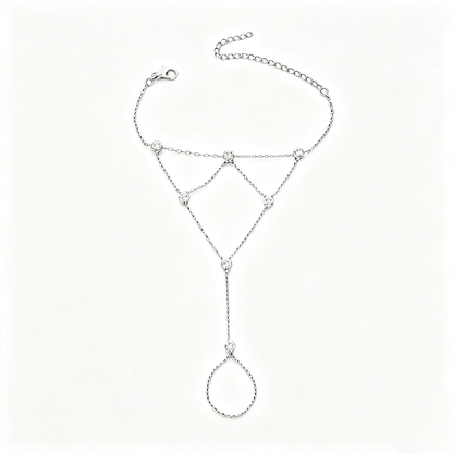 Trillion-cut Bohemian Hand Chain Bracelet For Women With Claw Setting In Silver Plated Zinc Alloy And Rhinestones