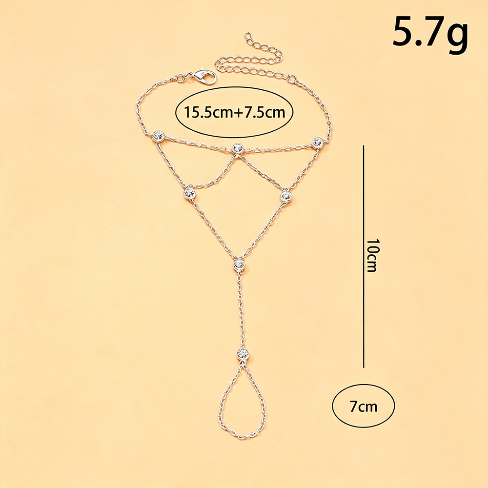 Trillion-cut Bohemian Hand Chain Bracelet For Women With Claw Setting In Silver Plated Zinc Alloy And Rhinestones