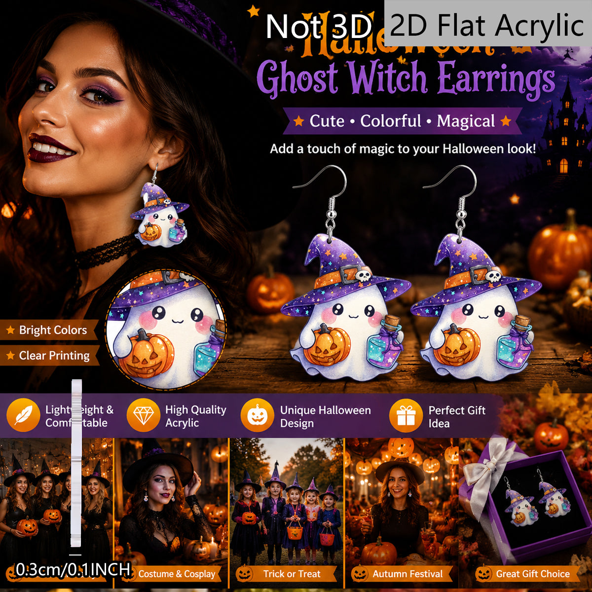 Funny Pumpkin Print Acrylic Earrings For Women With 304 Stainless Steel Ear Pins