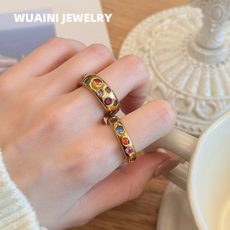 Retro Star Ring For Women In Titanium Steel With 18K Real Gold Plated Electroplated Finish And Zircon Inlay