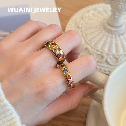 Retro Star Ring For Women In Titanium Steel With 18K Real Gold Plated Electroplated Finish And Zircon Inlay