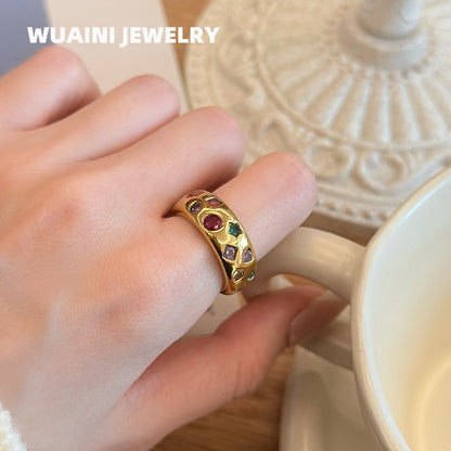 Retro Star Ring For Women In Titanium Steel With 18K Real Gold Plated Electroplated Finish And Zircon Inlay