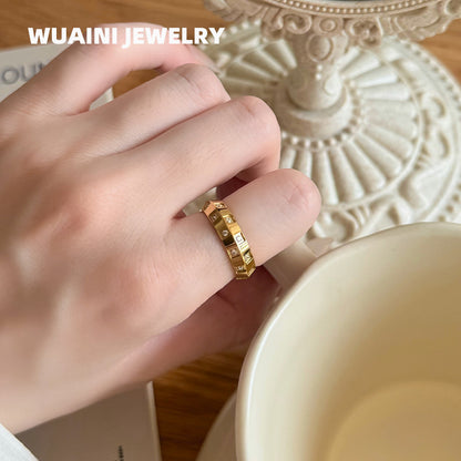 Classic Style UFO Band Ring For Women In Titanium Steel With 18K Real Gold Electroplated And Rhinestone Inlay