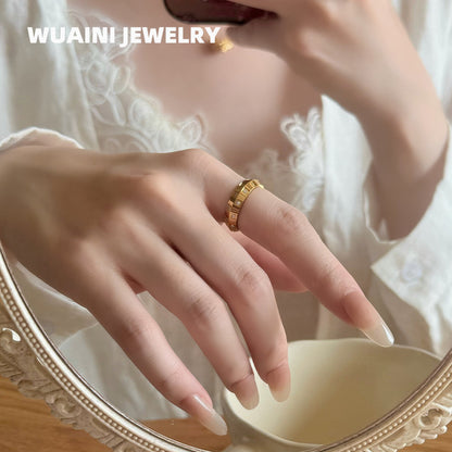 Classic Style UFO Band Ring For Women In Titanium Steel With 18K Real Gold Electroplated And Rhinestone Inlay
