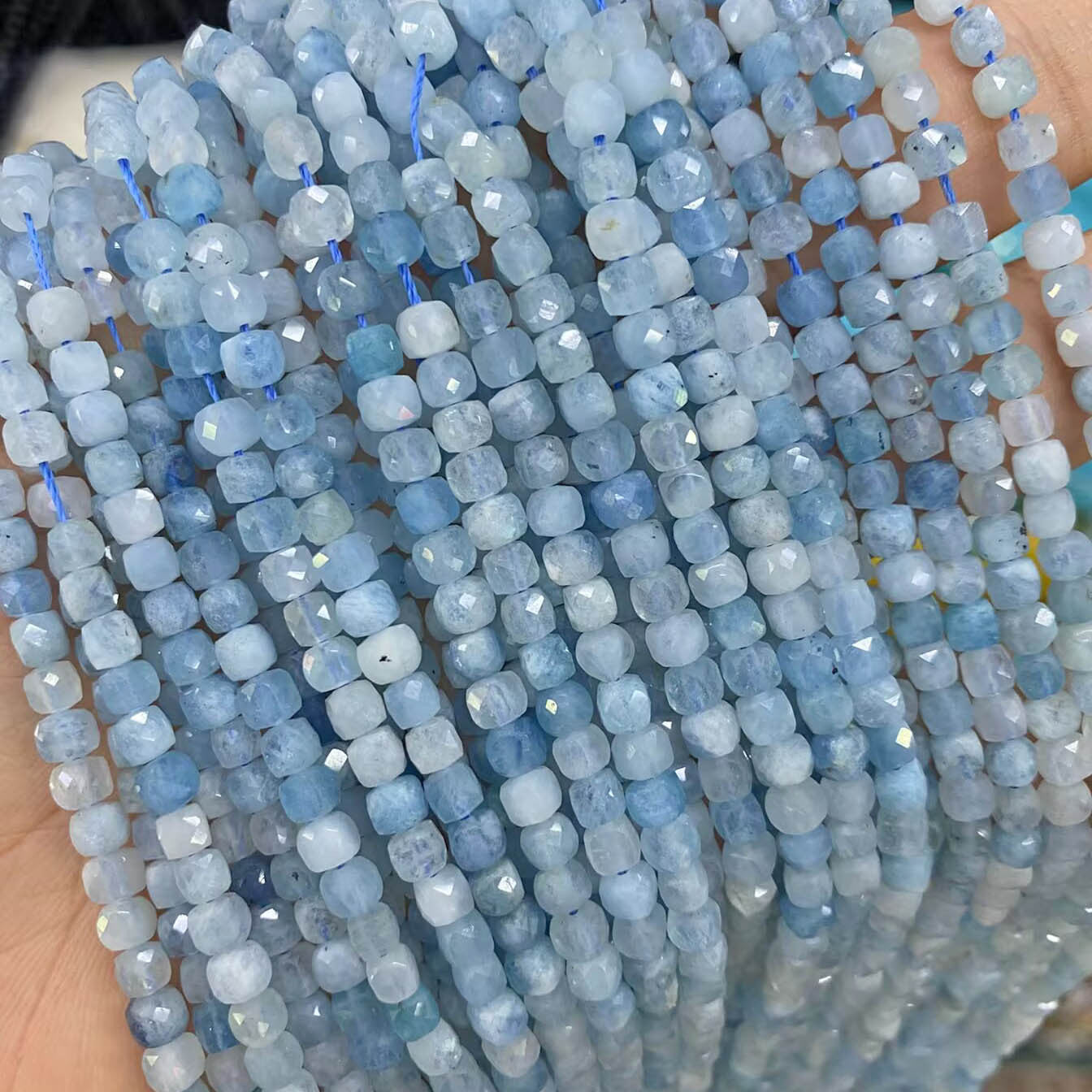 Polished Natural Stone Square Beads With 4mm Diameter Featuring March Birthstone Aquamarine For Jewelry Making