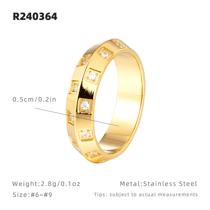 Classic Style UFO Band Ring For Women In Titanium Steel With 18K Real Gold Electroplated And Rhinestone Inlay