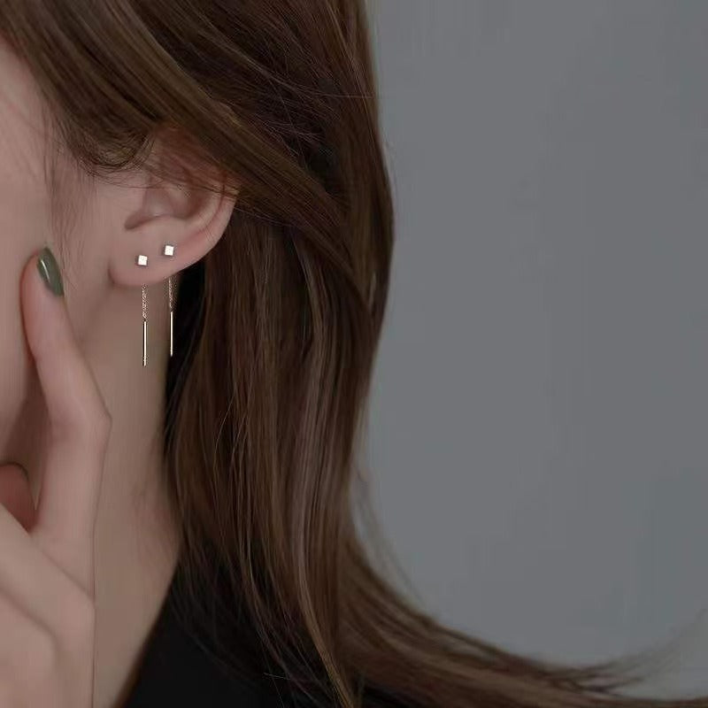 Square Tassel Silver Alloy Stud Earrings In Simple Style For Unisex