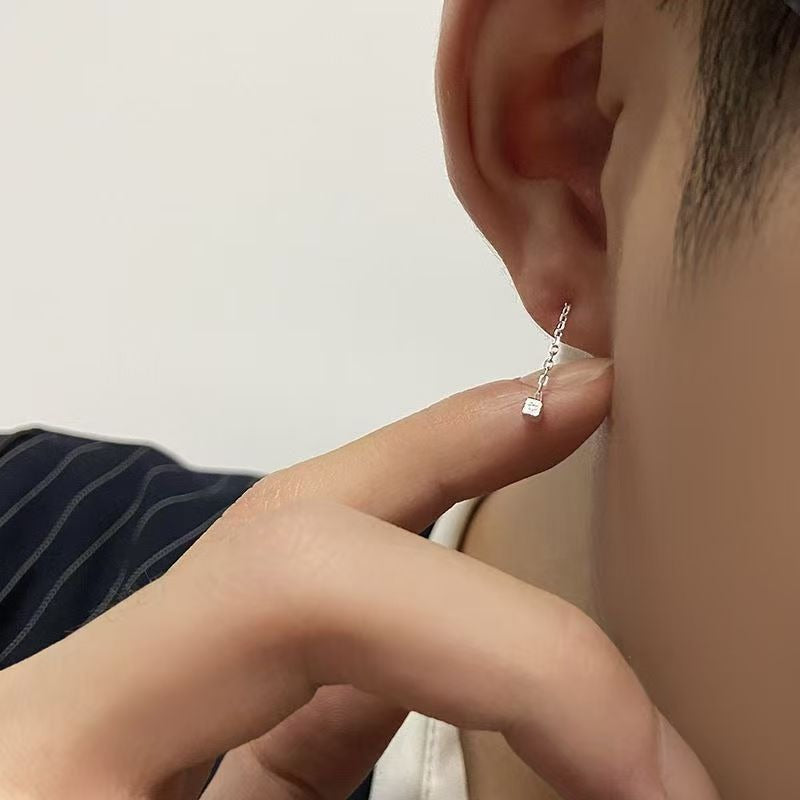 Square Tassel Silver Alloy Stud Earrings In Simple Style For Unisex
