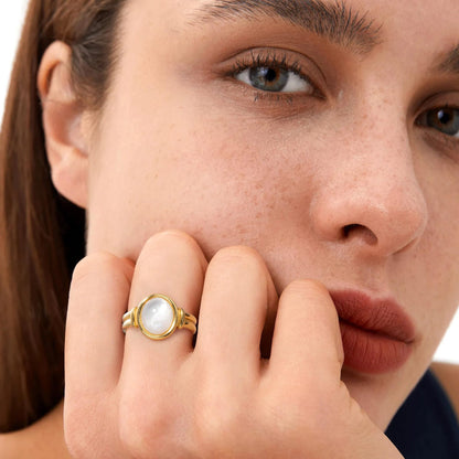Oval Band Ring For Women In Titanium Steel With 18K Real Gold Plating And Mother-of-Pearl Shell Inlay